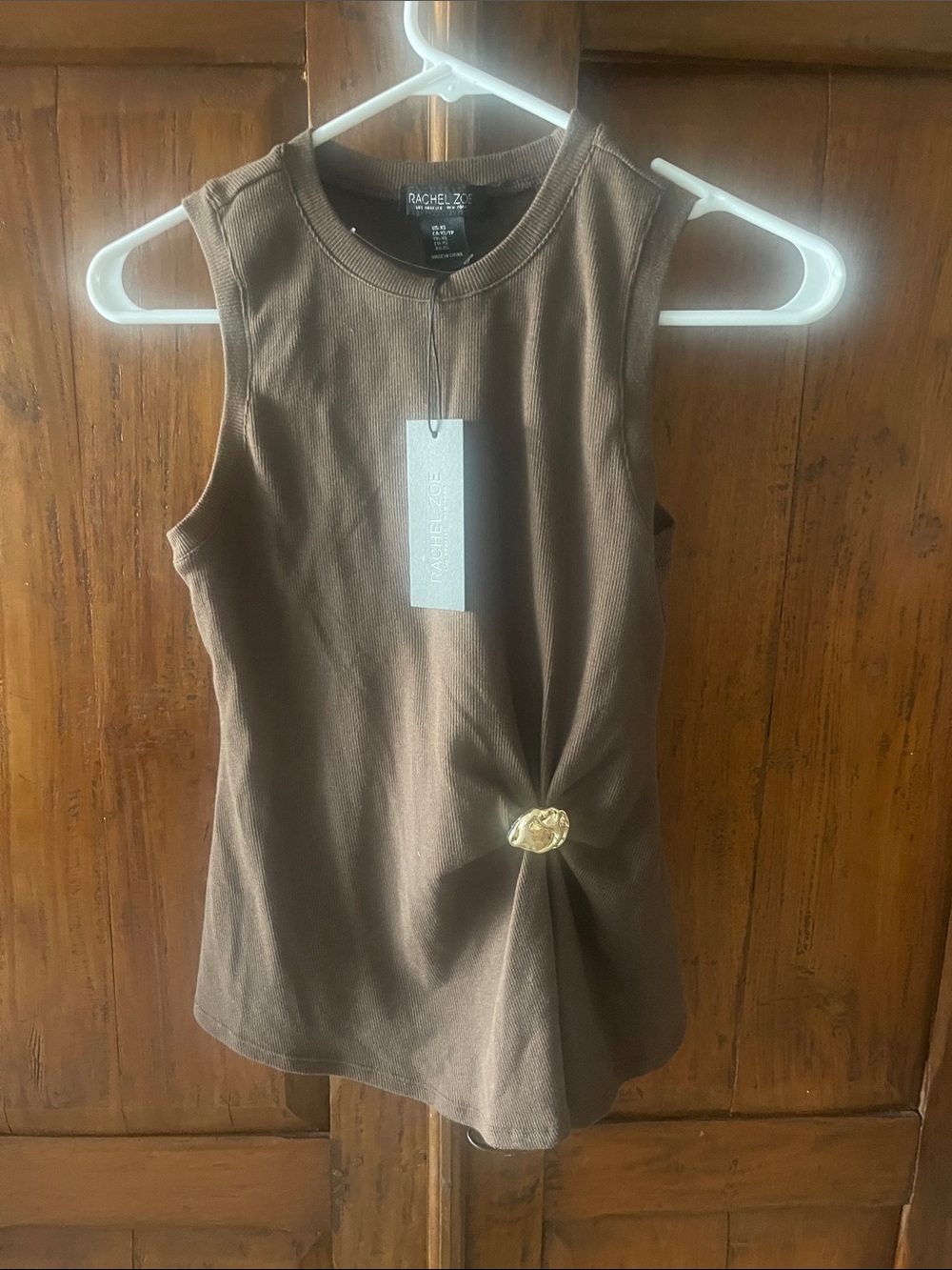 Rachel Zoe Chocolate Brown Twist-Front Tank with Gold Accent
